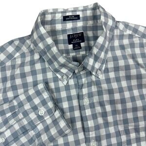 J Crew Flex Washed Gingham Shirt Mens XL Slim Untucked Blue White Checkered Top